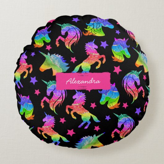 Glitter Unicorn Rainbow Pattern with First Name Rundes Kissen (Vorderseite)