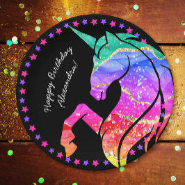 Glitter Unicorn Rainbow w/ First Name Birthday v2 Pappteller