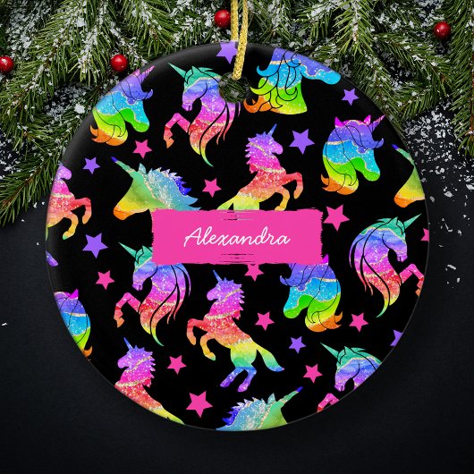 Glitter Unicorn Rainbow with First Name Christmas Keramik Ornament