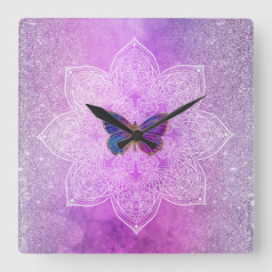 *~* Glitter Watercolor Yoga Butterfly Mandala Quadratische Wanduhr