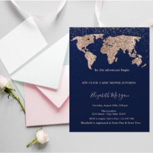Glitter-Weltkarte Konfetti Navy Blau Baby Shower Einladung