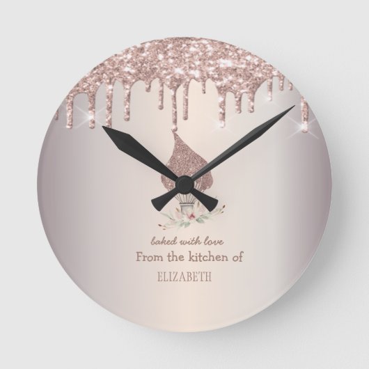 Glitter Whisk Rose Gold Glitter Drips Bakery Runde Wanduhr (Vorderseite)