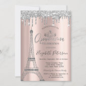 GlitterEiffelturm,Tiara,Tropfen Silver Quinceñera Einladung (Vorderseite)