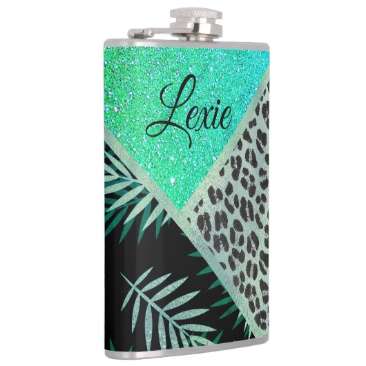 Glitterie Aquamarin tropische Leopardrucke Flachmann (Rechts)