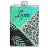 Glitterie Aquamarin tropische Leopardrucke Flachmann (Vorderseite)