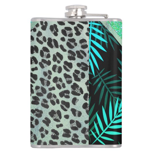 Glitterie Aquamarin tropische Leopardrucke Flachmann (Rückseite)