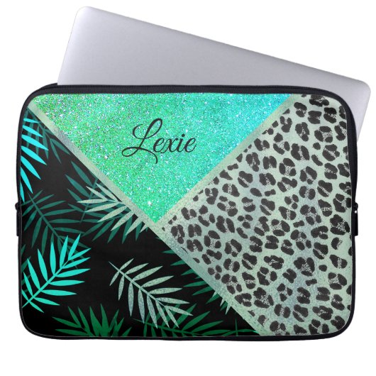 Glitterie Aquamarin tropische Leopardrucke Laptopschutzhülle (Vorderseite)