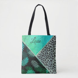 Glitterie Aquamarin tropische Leopardrucke Tasche