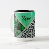 Glitterie Aquamarin tropische Leopardrucke Zweifarbige Tasse (Vorderseite Links)