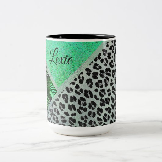 Glitterie Aquamarin tropische Leopardrucke Zweifarbige Tasse (Mittel)