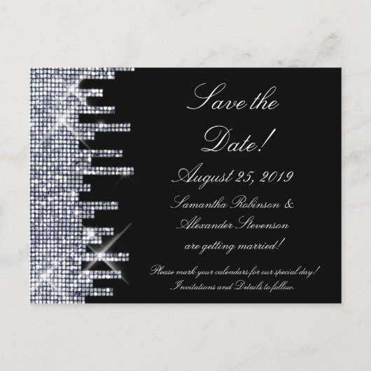 Glitterie Black/Silver Glamour Save the Date Ankündigungspostkarte (Vorderseite)