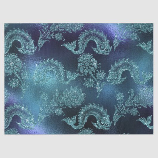 Glitterie Fische und Blume auf blauem Dekoupage Seidenpapier (Vorderseite)