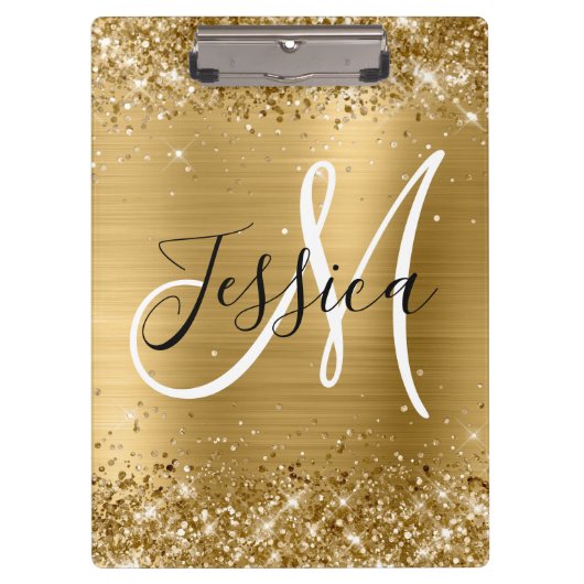 Glitterie Gold Foil Schwarz und Weiß Monogram Klemmbrett (Vorderseite)