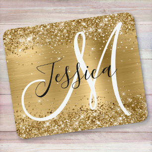 Glitterie Gold Foil Schwarz und Weiß Monogram Mousepad