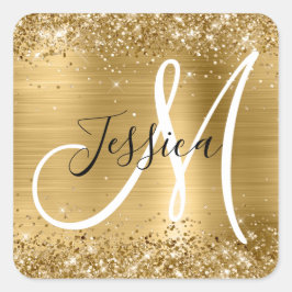 Glitterie Gold Foil Schwarz und Weiß Monogram Quadratischer Aufkleber