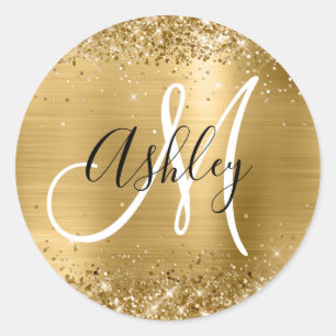 Glitterie Gold Foil Schwarz und Weiß Monogram Runder Aufkleber