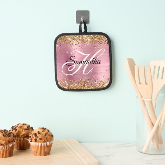 Glitterie Gold Light Pink Foil Fancy Monogram Topflappen (Insitu (Hängend))