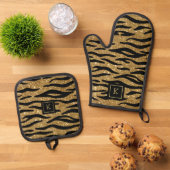 Glitterie Gold, Schwarz Zebra Muster Monogram Ofenhandschuh & Topflappen-Set (Oben Unten)