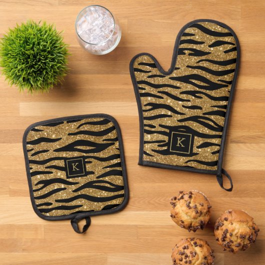 Glitterie Gold, Schwarz Zebra Muster Monogram Ofenhandschuh & Topflappen-Set (Oben Unten)