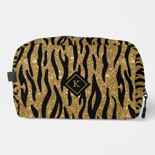 Glitterie Gold, Schwarz Zebra Muster Monogram Waschbeutel (Vorderseite)