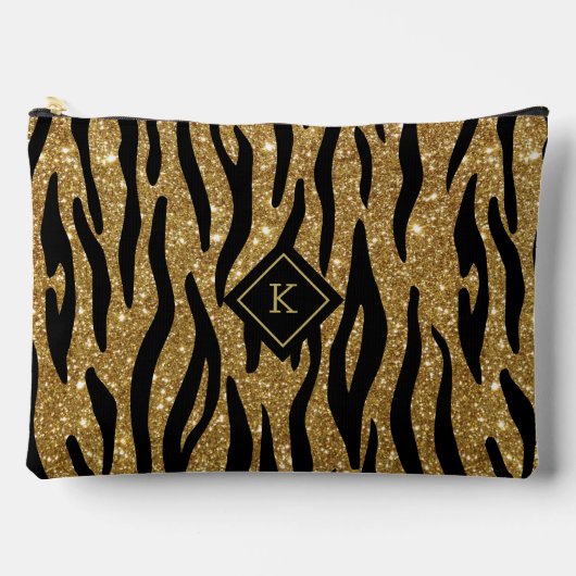 Glitterie Gold, Schwarz Zebra Muster Monogram Zubehörtasche (Vorderseite)