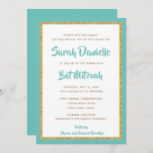 Glitterie Gold und Aquamarine Gerahmte Bat Mitzvah Einladung (Vorne/Hinten)