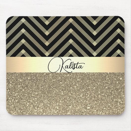 Glitterie Gold und Schwarz Zickzack Personalisiert Mousepad (Vorne)