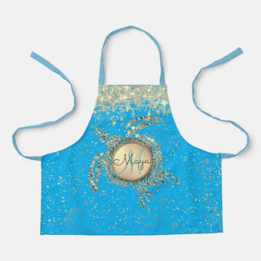 Glitterie-Goldschildkröte auf blauer Schürze (Vorderseite)