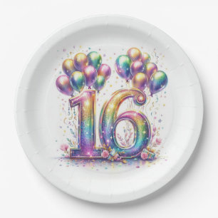 Glitterie Nummer 16 mit Balloons und Confetti Pappteller