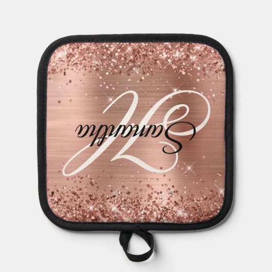 Glitterie Rose Gold Foil Extravagant Monogram Topflappen (Vorderseite)