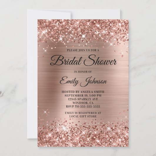 Glitterie Rose Gold Foil Extravagantes Script Brau Einladung (Vorderseite)