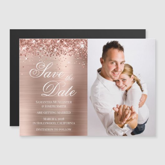 Glitterie Rose Gold Foil Foto Save the Date Magneteinladung (Vorne/Hinten)