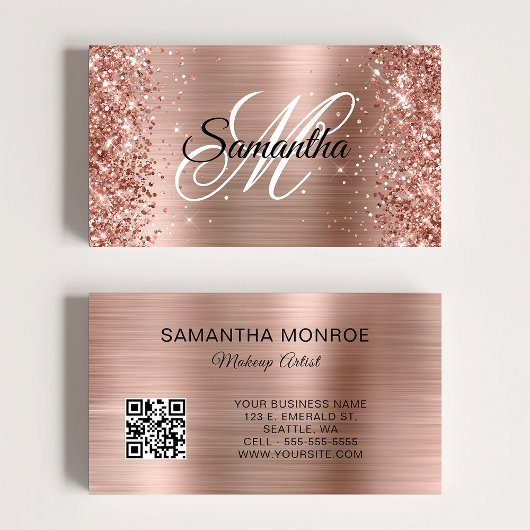 Glitterie Rose Gold Foil Monogram QR Code Visitenkarte