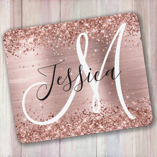 Glitterie Rose Gold Foil Schwarz und Weiß Monogram Mousepad
