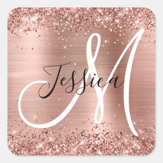 Glitterie Rose Gold Foil Schwarz und Weiß Monogram Quadratischer Aufkleber (Vorderseite)