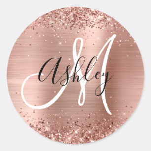 Glitterie Rose Gold Foil Schwarz und Weiß Monogram Runder Aufkleber