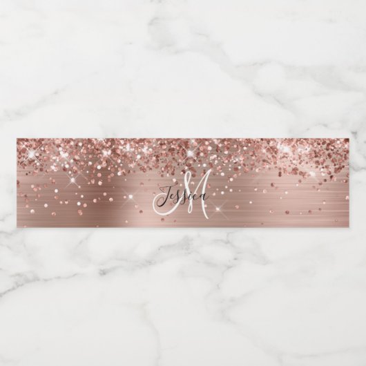 Glitterie Rose Gold Foil Schwarz und Weiß Monogram Wasserflaschenetikett (Einzelnes Label)