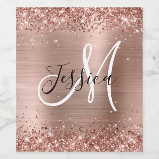 Glitterie Rose Gold Foil Schwarz und Weiß Monogram Weinetikett (Einzelnes Label)