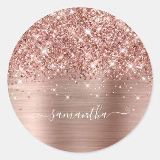 Glitterie Rose Gold Girly Signature Calligraphy Runder Aufkleber (Vorderseite)