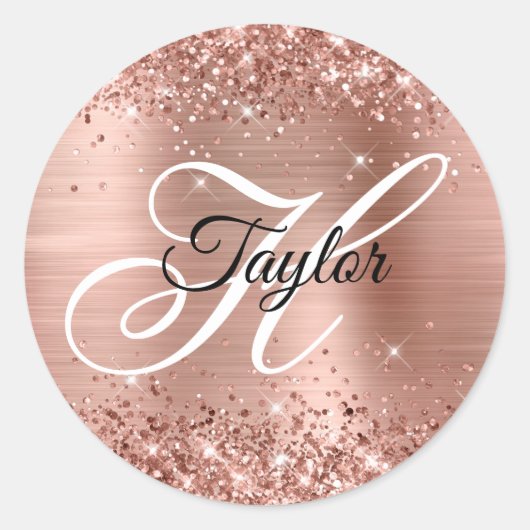 Glitterie Rose Gold Metallic Extravagant Monogram Runder Aufkleber (Vorderseite)