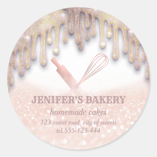 Glitterie Rose Gold Walzen Button & Whisk Koch Bäc Runder Aufkleber (Vorderseite)