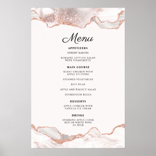 Glitterie Rose Gold White Agate 2 Grenz Menü A4 Poster (Vorne)