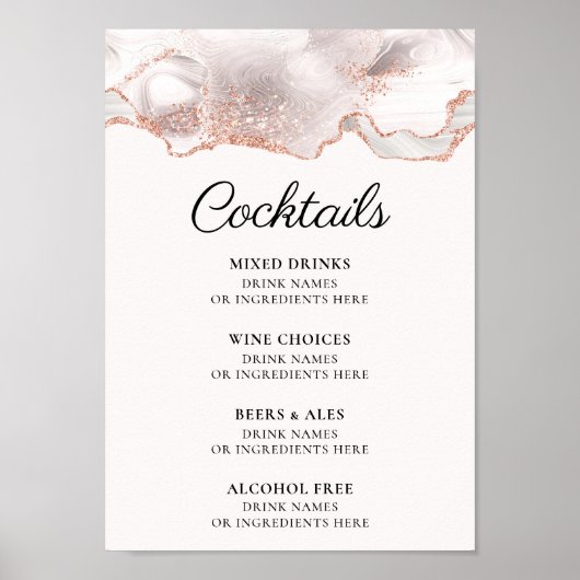 Glitterie Rose Gold White Agate Cocktail Menü A4 Poster (Vorne)