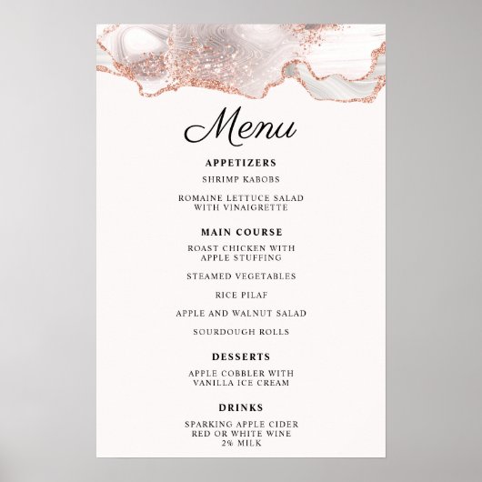 Glitterie Rose Gold White Agate Menü A4 Poster (Vorne)