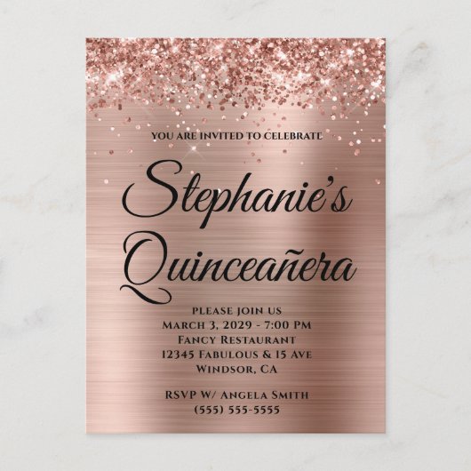 Glitterie Rose Goldene Foil Quinceañera Einladungspostkarte (Vorderseite)