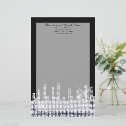 Glitterie Schwarz/Silber Glamour Personalisiert Briefpapier (Stehend Vorderseite)