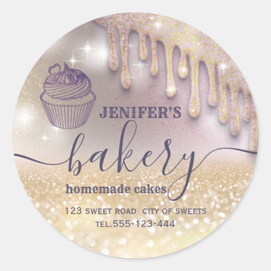 Glitterie Tropfens cupcake Koch Script Bäckerei Kl Runder Aufkleber (Vorderseite)