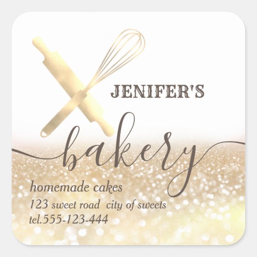 Glitterie Walzen Button & Whisk Koch Skript-Bäcker Quadratischer Aufkleber (Vorderseite)