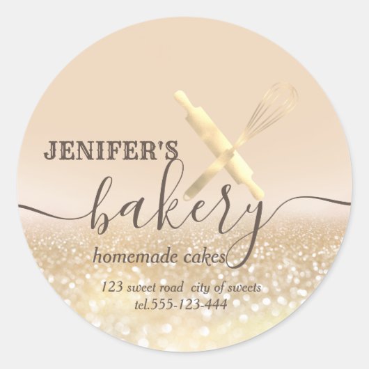 Glitterie Walzen Button & Whisk Koch Skript-Bäcker Runder Aufkleber (Vorderseite)