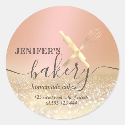 Glitterie Walzen Button & Whisk Koch Skript-Bäcker Runder Aufkleber (Vorderseite)